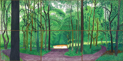 David Hockney / 
Woldgate Woods, 26, 27, & 30 July 2006, 2006 / 
      oil on 6 canvases  / 
      Each Canvas: 36 x 48 in. (91.4 x 121.9 cm) / 
      Framed Overall: 73 1/2 x 146 1/2 in. (186.7 x 372.1 cm) / 
      Not for sale 