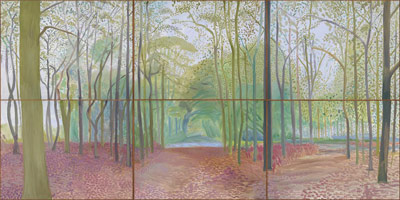 David Hockney / 
Woldgate Woods, 7 & 8 November 2006, 2006 / 
      oil on 6 canvases  / 
      Each Canvas: 36 x 48 in. (91.4 x 121.9 cm) / 
      Framed Overall: 73 1/2 x 146 1/2 in. (186.7 x 372.1 cm) / 
      Not for sale