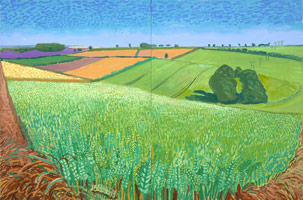 David Hockney / 
Barley, Wheatfield + Borridge Ruston Parva, 2006 / 
      oil on 2 canvases / 
      Overall: 48 x 72 in. (121.9 x 182.9 cm) / 
      Framed: 49 x 73 in. (124.5 x 185.4 cm) / 
      Private collection