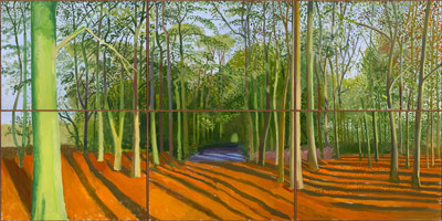 David Hockney / 
Woldgate Woods, 6 & 9 November 2006, 2006 / 
      oil on 6 canvases  / 
      Each Canvas: 36 x 48 in. (91.4 x 121.9 cm) / 
      Framed Overall: 73 1/2 x 146 1/2 in. (186.7 x 372.1 cm) / 
      Not for sale 