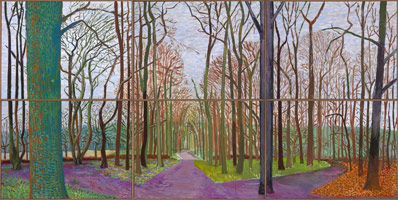 David Hockney / 
Woldgate Woods, March 30 - April 21, 2006 / 
      oil on 6 canvases  / 
      Each Canvas: 36 x 48 in. (91.4 x 121.9 cm) / 
      Framed Overall: 73 1/2 x 146 1/2 in. (186.7 x 372.1 cm) / 
      Not for sale