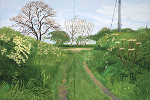 David Hockney / 
Woldgate Lane to Burton Agnes, 2007 / 
      Oil on two (2) canvases / 
      each: 48 x 36 in. (121.9 x 91.4 cm) overall: 48 x 72 in. (121.9 x 182.9 cm)