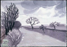 The Road to Rudston, 2004 / 
      watercolor on paper / 
      29 1/2 x 41 1/2 in. (74.5 x 105.4 cm) Framed: 32 3/4 x 44 1/2 in. (83.2 x 113 cm) / 
      Private collection 