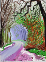 David Hockney / 
The Arrival of Spring in Woldgate, East Yorkshire in 2011 (twenty eleven) / 
- 1 January / 
iPad drawing printed on paper / 
57 x 44 in. (145 x 112 cm) framed / 
Edition of 25 / 
Private collections