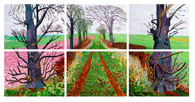 David Hockney  / 
A Closer Winter Tunnel, 2006 / 
oil on 6 canvases / 
Each: 36 x 48 (91.5 x 122 cm) / 
Overall: 75 x 150 in. (190.5 x 381 cm) / 
Collection of Art Gallery New South Wales