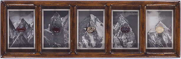 Don Suggs / 
Beans (Five Mountains), 1987 / 
beans, found photographs, display frame / 
4 x 13 in. (10.2 x 33 cm) 