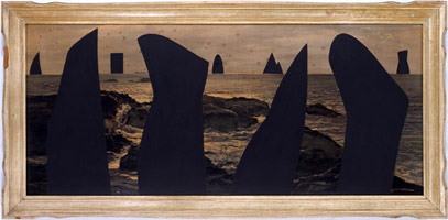 Don Suggs / 
Paint On (Erratics), 1981 / 
acrylic on found print with frame / 
26 x 53 in. (66 x 134.6 cm)