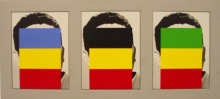 Don Suggs / 
Citizens: an Ivorian/a Belgian/a Chadian, 1987 - 1988 / 
oil and alkyd on panels / 
Framed: 16 x 35 in. (40.6 x 88.9 cm) 