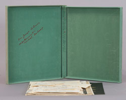 Marcel Duchamp / The Bride Stripped Bare by Her Bachelors Even (or) The Green Box (interior), September 1934 / One color plate with 93 notes, drawings, photographs, and/or facsimiles in green- flocked cardboard box, self-hinged / Box Dimensions: 13 1/16 in. x 11 in. x 1 ft (33.2 x 27.9 x 30.5 cm)