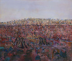 Fred Williams / 
Lysterfield Paddock, Woodstacks, 1977 / 
oil on canvas / 
36 x 42 1/8 in (91.5 x 107 cm) / 
Private collection 