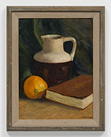 Frederick Hammersley / 
First still life (Ft Hall, ID), 1937 / 
oil on upson board in artist-made frame / 
panel: 16 x 12 in. (40.6 x 30.5 cm) / 
frame: 19 1/2 x 15 1/2 in. (49.5 x 39.4 cm) / 
Private collection