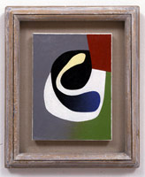 Frederick Hammersley / 
Go between, 1990 / 
oil & cotton on wood / 
9 1/2 x 7 in. (24.1 x 17.8 cm) / 
Private collection, Santa Monica, California