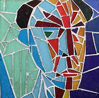 Frederick Hammersley / 
Self portrait, 1957 / 
stained glass on magnesite / 
8 1/2 × 8 in (21.6 x 20.3 cm)  / 
Collection of the New Mexico Museum of Art / 
Gift of Frederick Hammersley Foundation, 2017 / 
© New Mexico Museum of Art