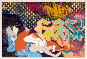 Gajin Fujita  / 
Slow & Easy, 2006 / 
gold & silver leaf, acrylic, paint marker, spray paint and Mean Streak on 6 wood panels / 
72 x 96 in. (182.9 x 243.8 cm) / 
Private collection 