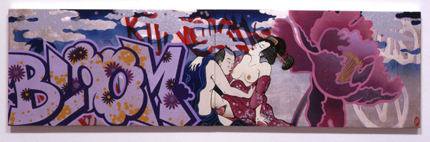 Gajin Fujita / 
Bloom, 2001 / 
spray paint, acrylic, silver & gold leaf on wood panels / 
17 x 60 in (43.2 x 152.4 cm) (diptych) / 
Private collection