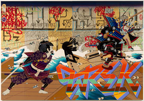 Gajin Fujita  / 
Ship Wrek, 2007 / 
gold leaf, acrylic, paint marker, spray paint and Mean Streak on panel / 
84 x 120 in. (213.4 x 304.8 cm) (6 panels) / 
Private collection