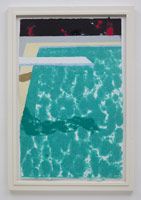 David Hockney / 
Green pool with diving board and shadow, 1978 / 
hand-colored and pressed colored paper pulp / 
50 1/4 x 32 1/2 in. (127.6 x 82.6 cm) / 
Framed: 57 3/4 x 40 in. (146.7 x 101.6 cm) / 
Private collection