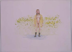 Jessica Minckley / 
Raincoat, 2005 / 
watercolor on paper / 
Paper: 9.75 x 13.75 in. (22.9 x 34.9 cm) / 
Framed: 11 x 15 in. (27.9 x 38.1 cm) / 
Private collection 