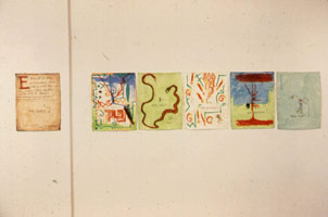 Jimmie Durham / 
Six Authentic Things, 1989 / 
mixed media drawing on paper / 
(six parts) / 
24 x 86 in. (61 x 218.4 cm) / 
Private collection