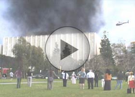 Joe Sola / 
More Cinematic Los Angeles County Museum of Art on Fire, 2004 / 
(Video), (edition of five) / 
DVD video loop with sound dimensions variable
