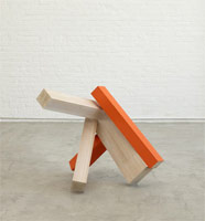 Joel Shapiro / 
untitled, 2006-2007 / 
      wood, casein, and oil / 
      32 1/2 x 40 x 29 in (82.6  x 101.6  x 73.7 cm) / 
      (js08-12) / 
      Private collection