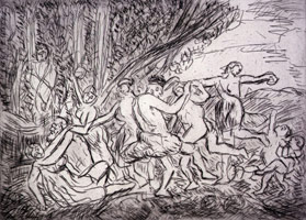Leon Kossoff / 
Bacchanal before a Herm, 1998 / 
etching  / 
Plate: 16 1/8 x 22 3/8 in (41 x 56.8 cm) / 
Sheet: 22 1/2 x 29 7/8 in (57.2 x 75.9 cm) 