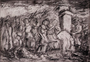 Leon Kossoff / Eliezer and Rebecca at the Well, 1998 - 1999 / unique proof  / Plate: 5 1/2 x 8 in (14 x 20.3 cm) / Paper: 19 3/8 x 16 5/8 in (49.2 x 42.2 cm)