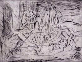 Leon Kossoff / The Lamentation over the Dead Christ, 1999 / etching / Plate: 17 13/16 x 22 3/4 in (45.2 x 57.8 cm) / Paper: 22 3/8 x 29 15/16 in (56.8 x 76 cm)