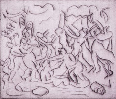 Leon Kossoff / The Triumph of Pan from a Poussin drawing (I), 1998 / etching / Plate: 7 7/8 x 9 5/8 in (20 x 24.4 cm) / Paper: 22 1/2 x 29 7/8 in (57.2 x 75.9 cm)