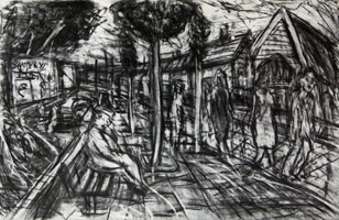Leon Kossoff / 
A Street in Willesden, 1982 / 
charcoal on paper / 
40 3/4 x 26 1/2 in. (103.5 x 67.31 cm) / 
Private collection 