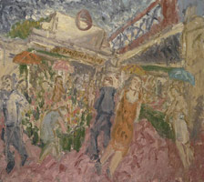 Leon Kossoff / 
The Flower and Fruit Stalls, Embankment, August, 1995 / 
oil on board / 
71 1/2 x 80 in. (180.3 x 203.2 cm)