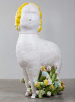 Matt Wedel / 
Sheep with flowers, 2013 / 
ceramic / 
top: 39 1/2 x 32 x 29 in. (100.3 x 81.3 x 73.7 cm) / 
base: 78 1/2 x 62 x 43 in. (199.4 x 157.5 x 109.2 cm) / 
Private collection