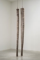 Peter Shelton / 
Big Legs, 1983 / 
cement, steel and mixed media / 
(two elements) Element 1: Height 112 / Diameter 9 1/2 in (284.5 x 24.1 cm) / 
Element 2: Height 109 / Diameter 7 1/2 in. (276.9 x 19.1 cm)