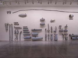 Peter Shelton / 
godspipes, 1997 - 98 / 
West wall (detail) / 
mixed media / 
dimensions variable (189 elements) / 
all photography: Tom Vinetz