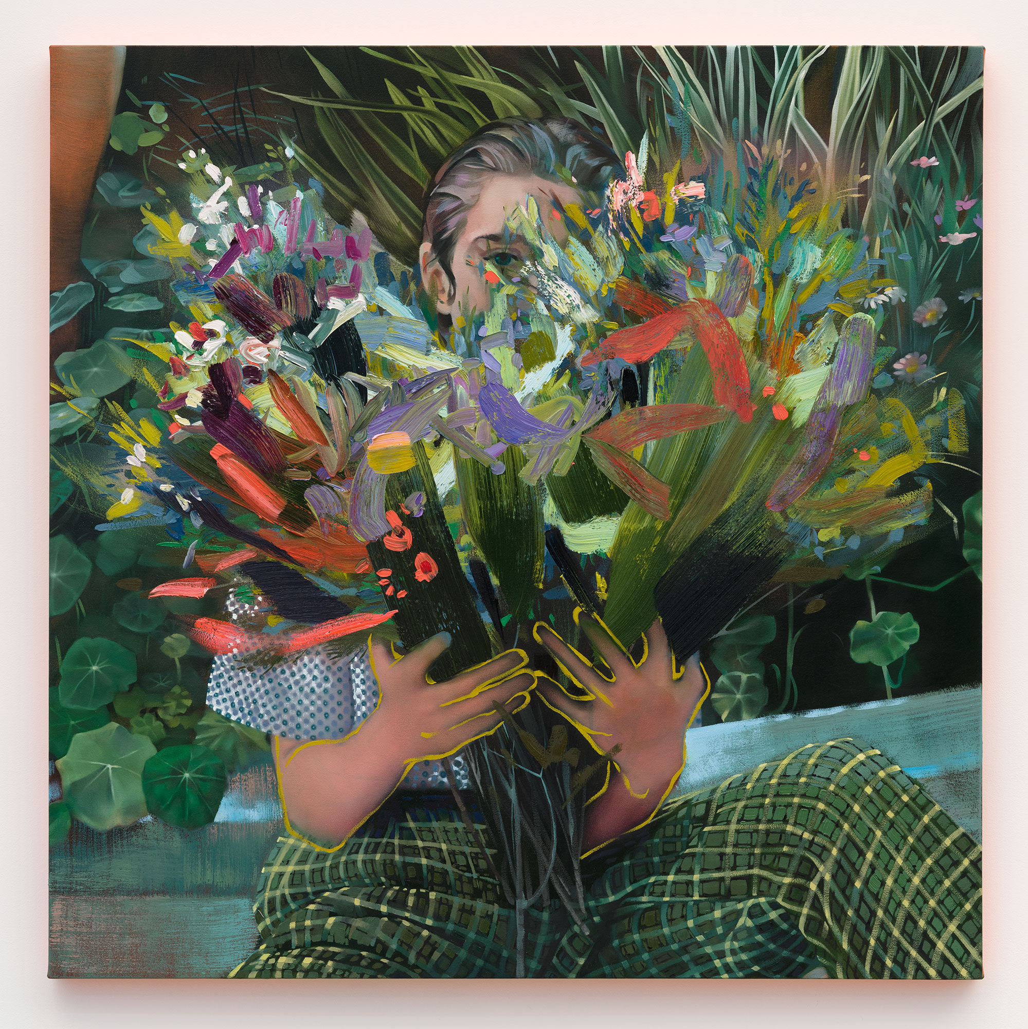 Rebecca Campbell / 
Angus with Flowers, 2022 / 
oil on canvas / 
48 x 48 in. (121.9 x 121.9 cm)