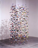 Pae White / 
More Birds, 2001 / 
silkscreened, cut and collaged paper, string, hot glue / 
168 x 58 x 44 in (426.7 x 147.3 x 111.8 cm)as installed / 