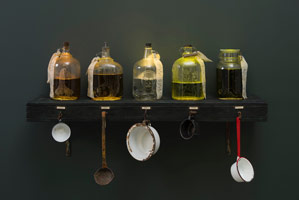 Alison Saar / 
Hades D.W.P., 2016 / 
etched glass jars, water, dye, wood, cloth and ink transfer, electronics, found ladles and cups / 
30 x 50 x 16 in. (76.2 x 127 x 40.6 cm) / Private collection