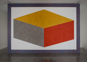Sol LeWitt / 
Wall Drawing 620D: Forms derived from cubic rectangles, with color ink washes superimposed / 
First Drawn by: Fransje Killaars, Roy Villevoye First Installation: Galeria Juana de Aizpuru, Madrid Spain October 1989 / 
color ink wash / 
166 x 241 1/2 in. resited and adapted for L.A. Louver installation dimensions variable