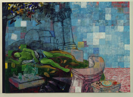 The Circular Ruins, 1996 / 
acrylic on canvas / 
60 x 84 in. (152.4 x 213.4 cm) / 
62 x 86 in. (157.5 x 218.4 cm)(framed) / 
Private collection