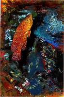 Fish Swimming in an Undiscovered Lunar Lake, 1991 / 
oil on paper / 
9 1/4 x 8 in (23.5 x 20.3 cm) / 
Private collection
