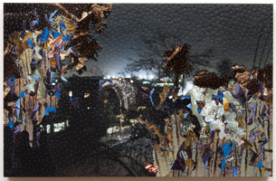 Tony Berlant / 
Nightlight, 2013-2014 / 
artist fabricated tin and found tin collaged on plywood panel with steel brads / 
28 x 43 in. (71.1 x 109.2 cm) / 
Private collection