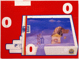 Sighting, 1992 / 
Found and fabricated printed tin collage on plywood with steel brads / 
20 1/8 x 27 in (51.1 x 68.6 cm)