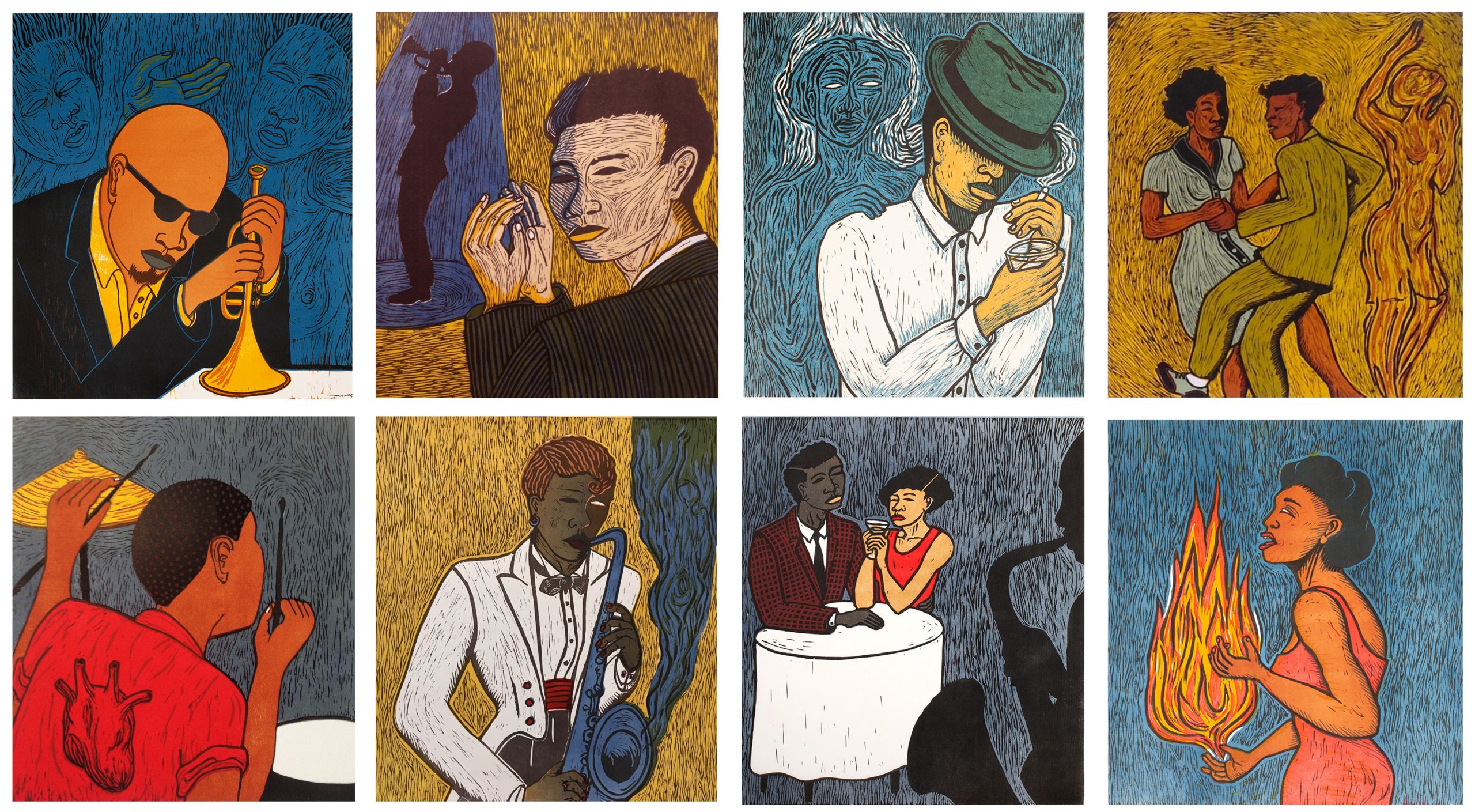 Alison Saar The Copacetic Suite: Hep Cat, Syncopatin', Hooch and Haint, Jitterbug, Paradiddle Diddle, Shebop, Table for Two, Torch Song, 2018-19